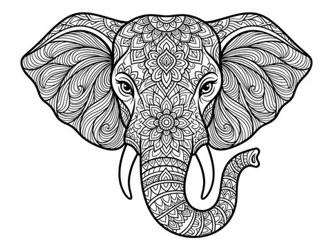 Intricate black and white illustration of an elephant head adorned with detailed mandala patterns and zentangle art.