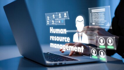 Fototapeta premium Human resource management interface showing candidate profile, recruitment checklist, and team analytics on laptop. online hiring, and talent management.