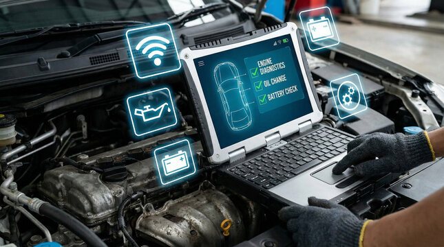 Auto mechanic reviewing vehicle diagnostics on tablet with holographic car scan showing oil change and battery check for automotive service