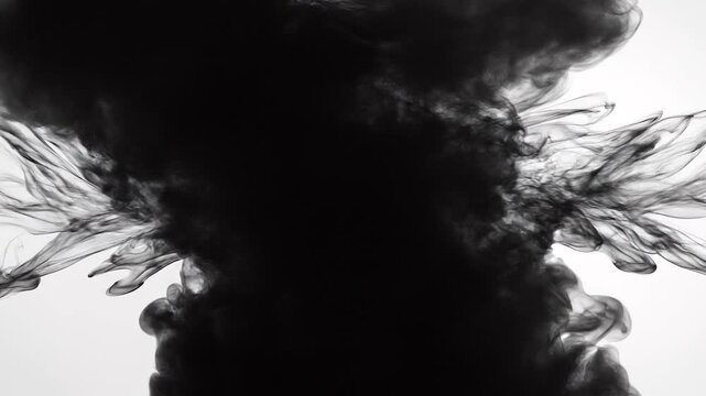 Dynamic steam burst and dust explosion transition effect, dramatic black powder cloud expanding rapidly with cinematic impact