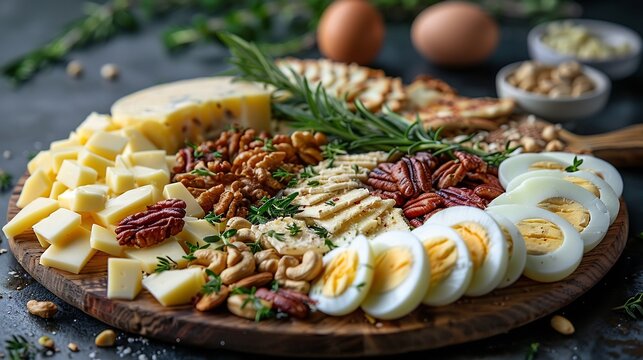 Keto snack platter cheese nuts boiled eggs dark background spotlight lighting premium food styling high detail