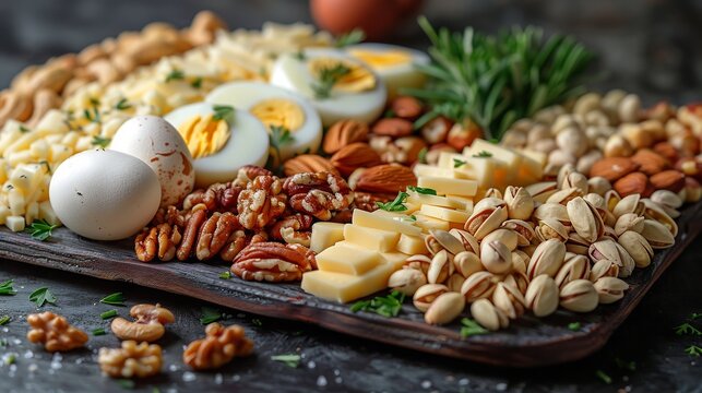 Keto snack platter cheese nuts boiled eggs dark background spotlight lighting premium food styling high detail