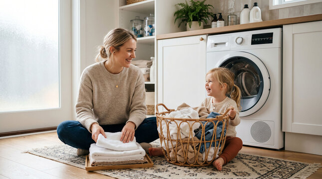 Mother and daughter doing laundry together on the floor