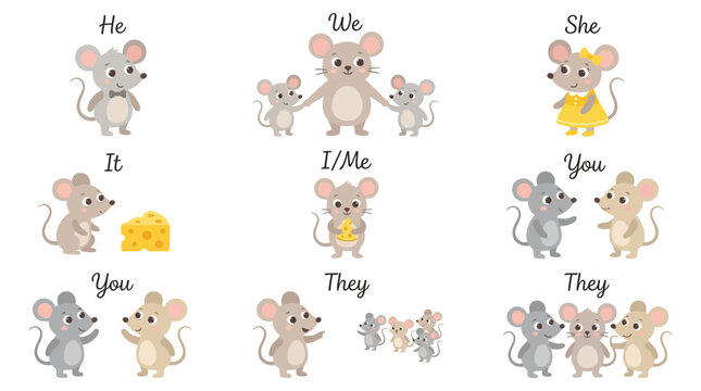 Cute cartoon mouse characters teaching English grammar pronouns in this educational and fun vector illustration set