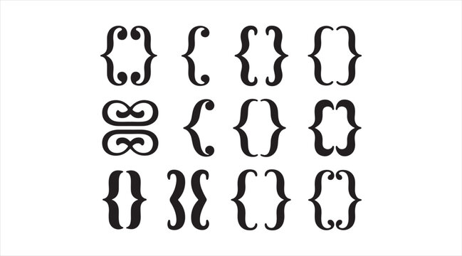 Curly brace and decorative bracket silhouette icons set for coding, typography, and graphic design