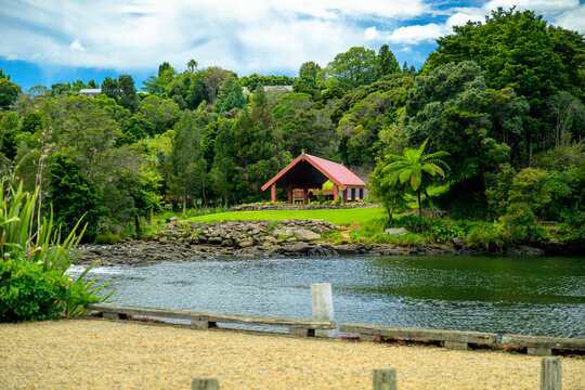 A boathouse for a traditional Maori longboat on the Waipekakoura River across from the Kemp House