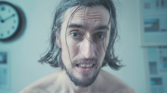 Time news world situation shock misunderstanding world went crazy Close-up man with wet hair in soft indoor light his nervous eyes shifting to serious contemplative, biting knuckle in deep thought