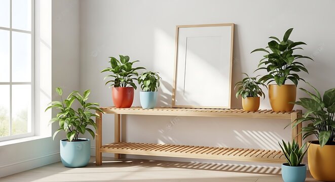 Indoor plants on wooden shelf near window.