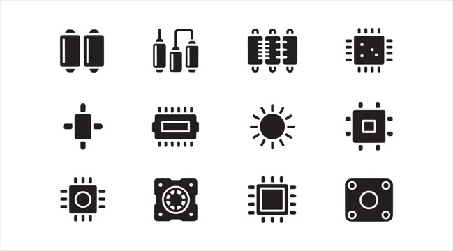 Black electronics and microprocessor symbol collection for computing, engineering, and technology projects