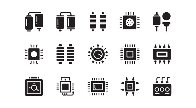 Digital hardware and integrated circuit icon pack with CPU technology graphics isolated on white background