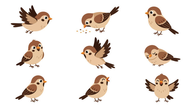 Cute cartoon sparrows performing various actions in this collection of adorable little bird vector illustrations