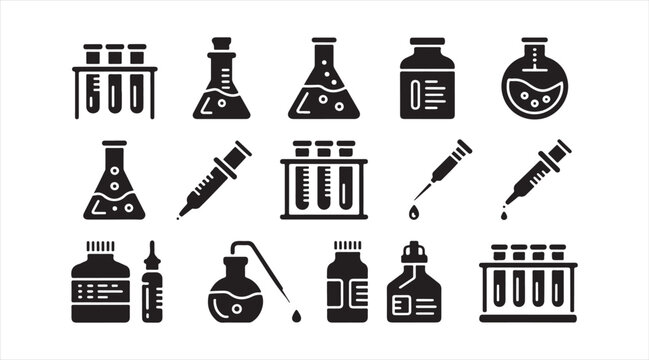 Medical laboratory equipment icon pack with chemical experiment and pharmaceutical graphics isolated on white