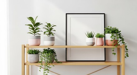 Fototapeta premium Indoor plants on wooden shelf with frame.