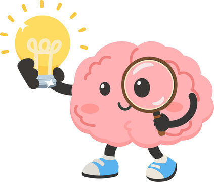 Cartoon Brain Holding Lightbulb And Magnifying Glass