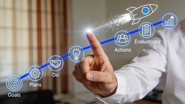 Strategic business planning process timeline showing goals, plans, actions and evaluations, hand touching digital interface with rocket launch icon representing startup success