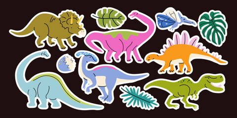 Cute cartoon dinosaur sticker set in cartoon doodle style. Hand drawn colorful prehistoric animals, triceratops, stegosaurus, brachiosaurus, leaves and egg on a dark background © luamor