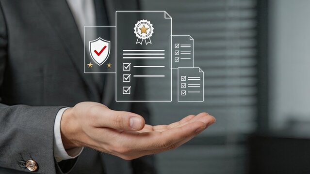 Hand holding hologram certificate with security badge and verification checkmarks, digital document authentication, official license approval, legal agreement protection,