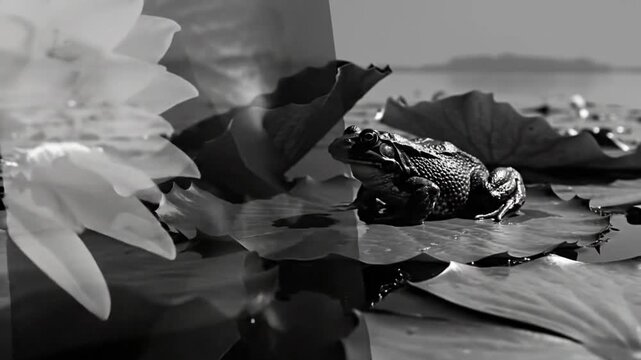 Black and white close up of serene water lily floating on pond with a frog resting on leaf under the sunlight