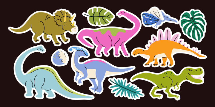 Cute cartoon dinosaur sticker set in cartoon doodle style. Hand drawn colorful prehistoric animals, triceratops, stegosaurus, brachiosaurus, leaves and egg on a dark background