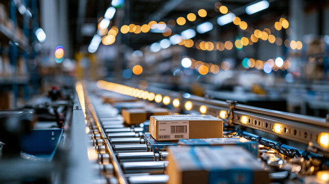 Automated fulfillment center conveyor belts sorting packages under bright industrial lighting with modern logistics technology