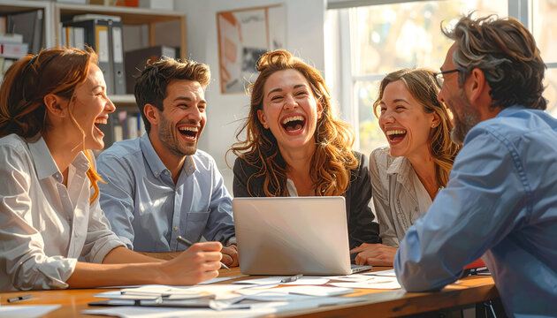 Coworkers laughing around desk after harmless office prank joyful teamwork moment full of fun