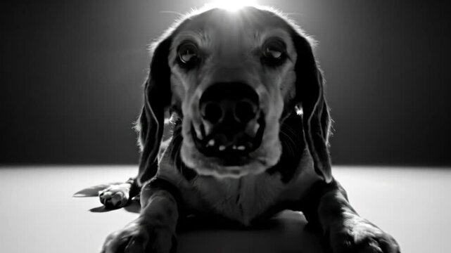 Low angle grayscale studio shot of a beagle looking into camera with bright sun flare behind