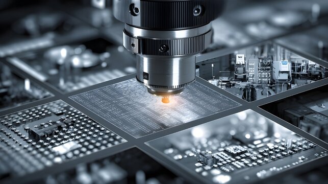 Semiconductor fabrication machine performs detailed scanning of multiple electronic grid modules to ensure optimal performance of integrated circuits within the automated production environment.