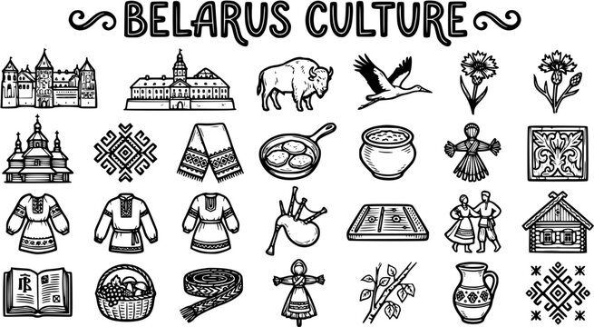 Belarus Culture Icons Set - Traditional Symbols, Architecture, Folk Art, Line Art