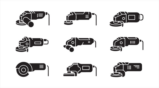 Industrial angle grinder silhouette icons set featuring power cutting and grinding tool graphics