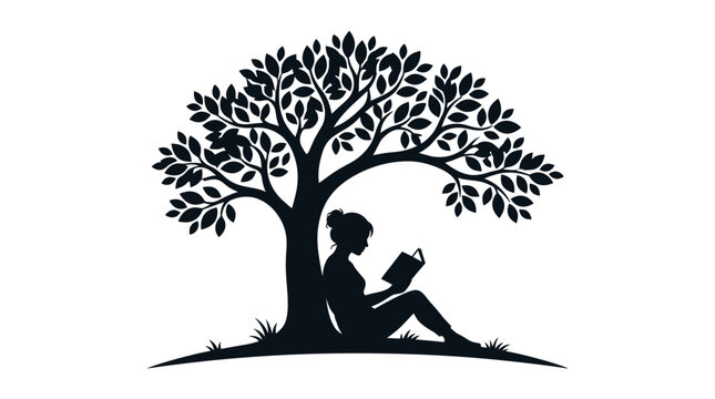 Silhouette of woman reading book under tree, knowledge and nature concept