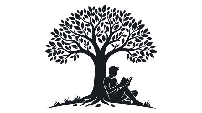 Silhouette of young man reading book under large leafy tree, knowledge and growth concept