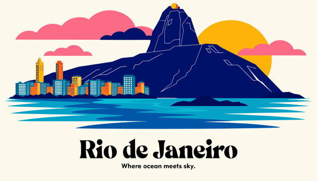A vibrant, stylized illustration of Rio de Janeiro featuring Sugarloaf Mountain, a city skyline, and a bright sun over the ocean.