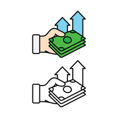 Fototapeta premium Hand holding cash money, payment with arrow pointing up vector icon. Theme of financial Payment and Wealth Concept.