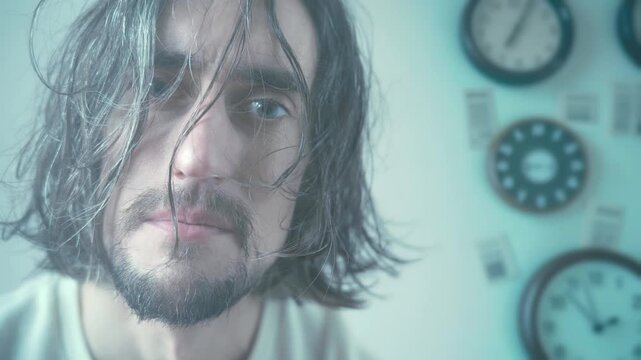 World gone mad misunderstanding loneliness search for meaning man damp hair intense blue eyes, calm contemplative expression soft lighting pale blue background clocks evoking melancholy reflection