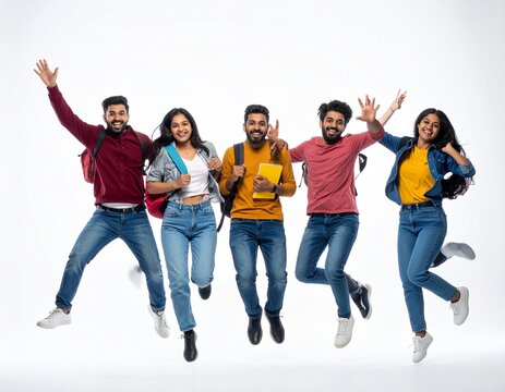 Happy school indian students jumping with backpack, isolated on white background