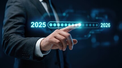 Obraz premium Businessman touching digital interface to transition from year 2025 to 2026