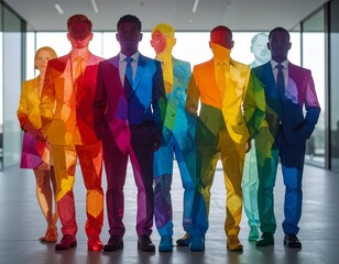 Obraz premium Multi-colored transparent silhouettes of bussiness men and women, multiply mode, a group of staff