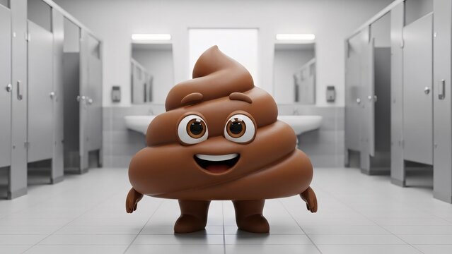Cute Animated Poop Character with Big Eyes and Smile Standing in a Modern Public Restroom with White Walls and Silver Lockers for Fun and Humorous Content