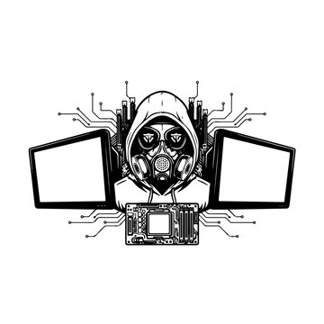 Detailed hand drawn futuristic cyber hacker wearing a toxic gas mask vector illustration. Tech cyberpunk concept artwork with network hardware mainframes isolated on white background design.
