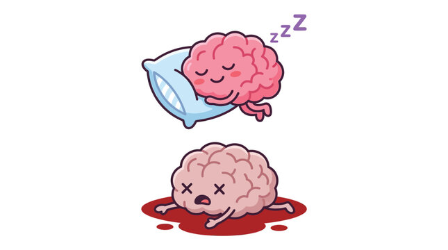 Cute cartoon brain characters showing a sleeping brain and a tired exhausted brain in this image