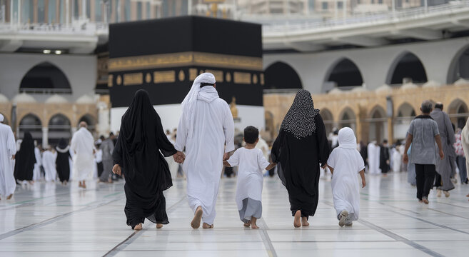 A family of four, parents and two children, is shown performing a pilgrimage. the father and son are in traditional white ihram garments.