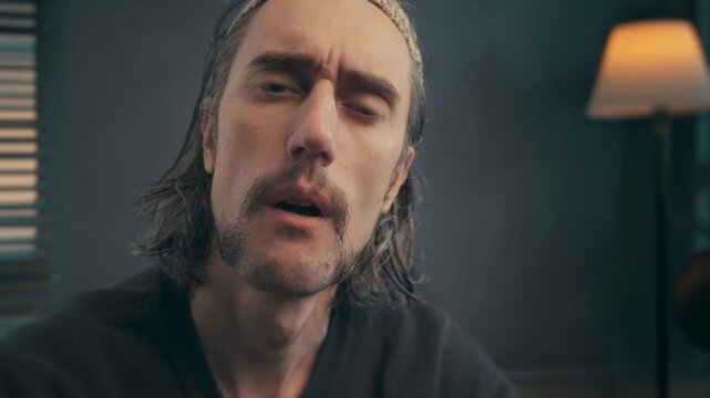 Funny guy surprised approvingly nods admires, close-up of a man shoulder-length dark hair, mustache beard showing subtle facial expressions introspection to mild surprise in a softly lit warm setting