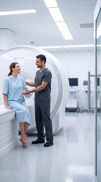 Radiographer helping patient to sit for MRI exam. Medical specialist caring for woman in hospital diagnostic room. Advanced clinical technology for internal body imaging and health checkup.