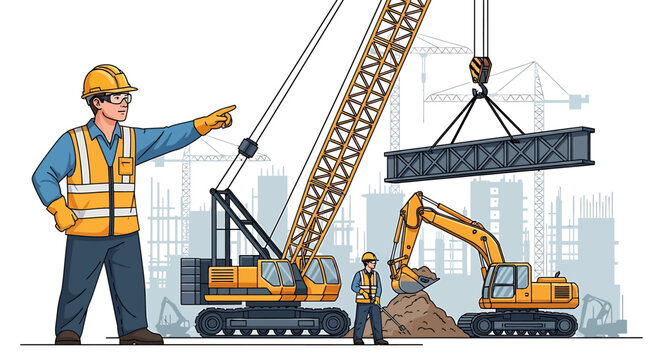Construction worker directing heavy machinery.