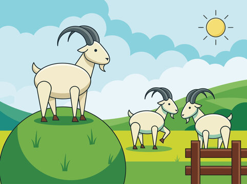 Vector Illustration of Goats Grazing in a Sunny Green Meadow with Farm Hills and Blue Sky