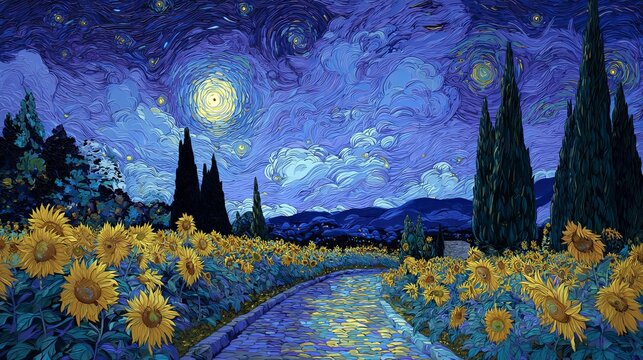 A vibrant and serene landscape of sunflowers under a starry night sky with a winding path
