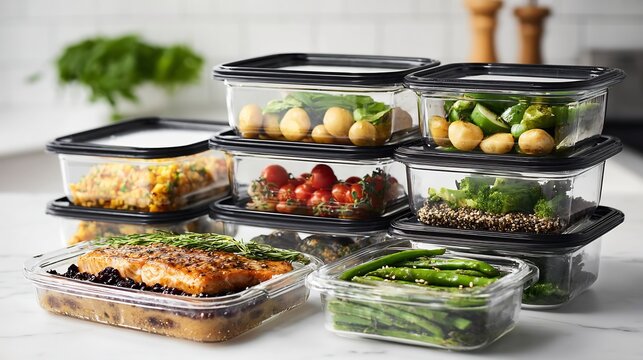 Keto meal prep container stacked fridge organized low carb diet planning clean minimal composition