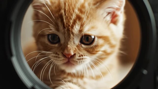 An adorable ginger tabby kitten peers through a circular aperture with wide, inquisitive eyes, showcasing its soft fur and delicate whiskers, creating a captivating and heartwarming visual story