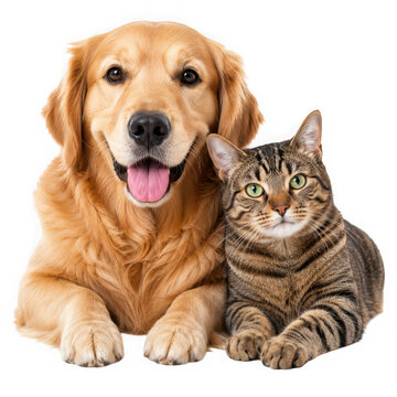 Golden retriever dog and tabby cat lying together as loyal best friends isolated on transparent background