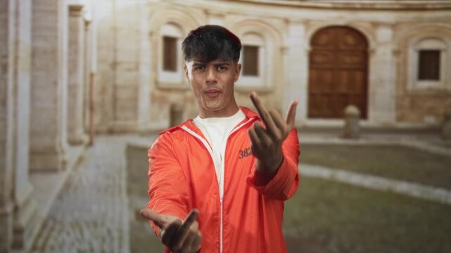 Man prisoner in orange jumpsuit shows middle fingers in front of a stone building; defiance provocation.